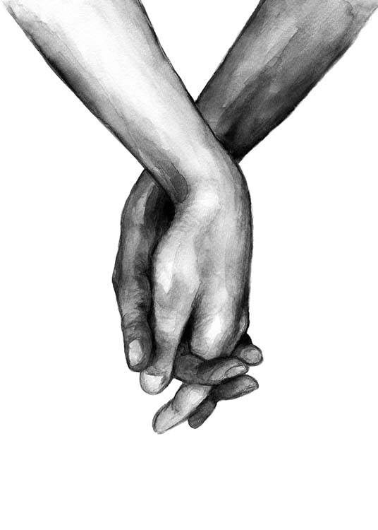 – Černobílá akvarelová ilustrace dvou držících se rukou