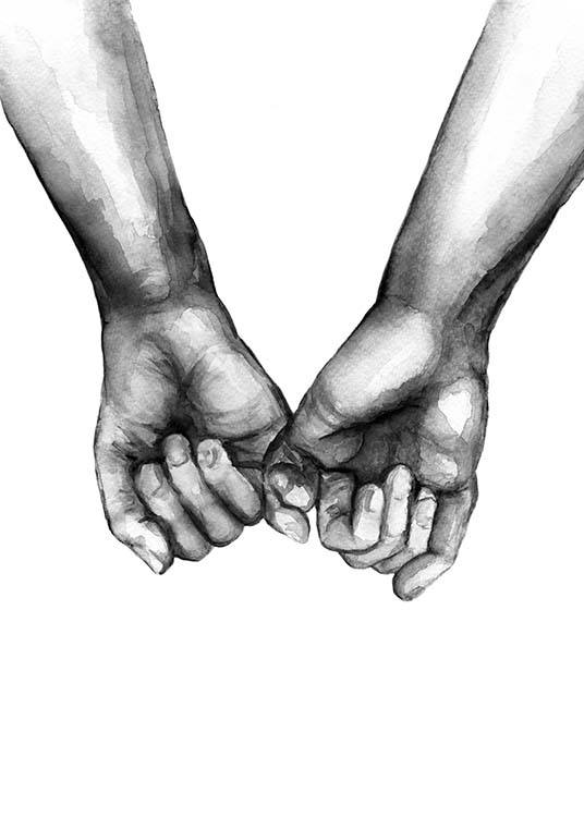  – Černobílá akvarelová ilustrace dvou rukou, které se drží za malíčky