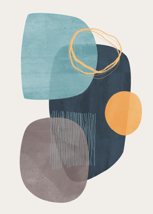  – Abstraktní grafické umění s abstraktními modro-oranžovými tvary na béžovém pozadí