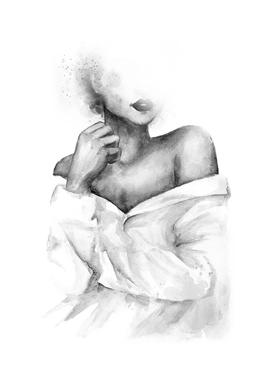  – Černobílá akvarelová ilustrace ženy s odhalenými rameny
