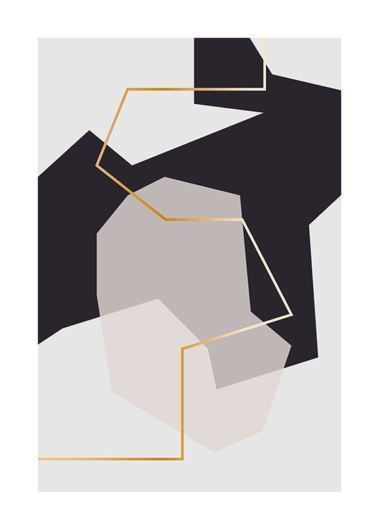  – Šedo-černá grafická ilustrace abstraktních tvarů se zlatou linií uprostřed