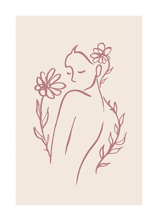  – Perokresba ženy s květinami na béžovém pozadí