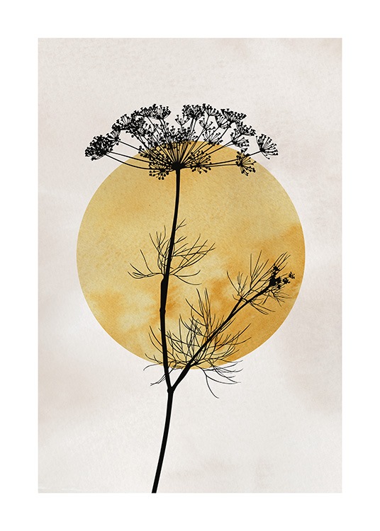  – Ilustrace tmavě žlutého slunce za černou rostlinou na béžovém pozadí