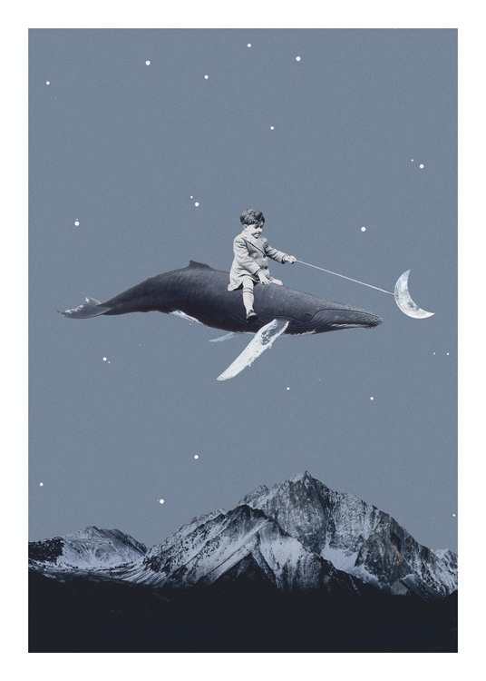  – Grafická ilustrace velryby, na které sedí dítě a která si poletuje nad horami