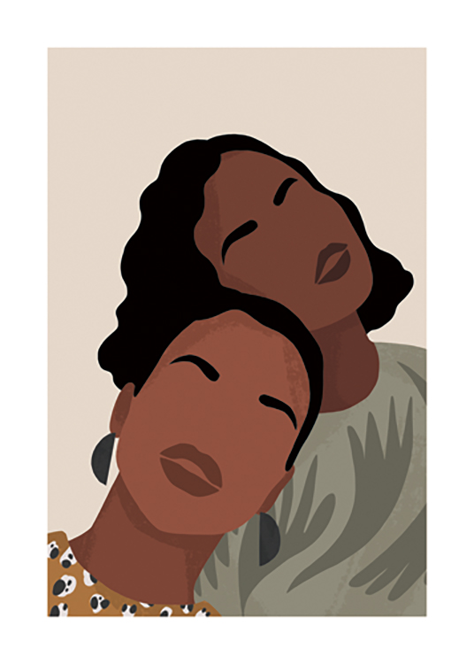 – Grafická ilustrace dvou žen s černými vlasy ve vzorovaných topech, jak se o sebe vzájemně opírají
