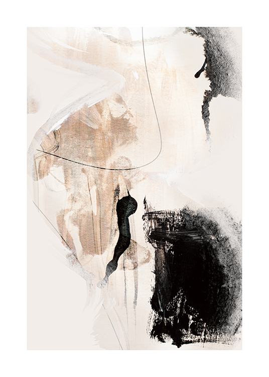  – Abstraktní malba s béžovými a černými tvary na světlém pozadí