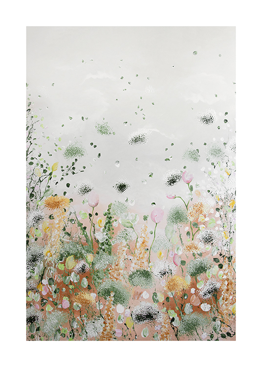  – Abstraktní malba drobných rostlin a květin v různých barvách na šedém pozadí