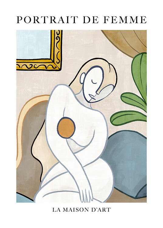  – Ilustrovaný portrét nahé ženy v bílé a béžové barvě