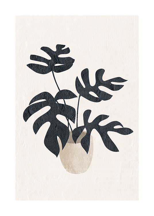  – Ilustrace filodendronu v tmavě šedé barvě na světle béžovém pozadí