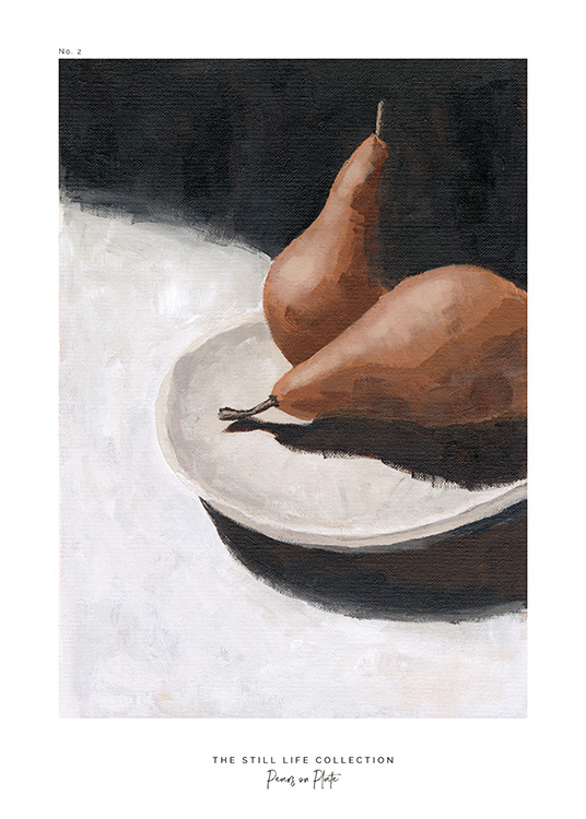  – Malba s hnědými hruškami na šedém talíři na světle a tmavě šedém pozadí