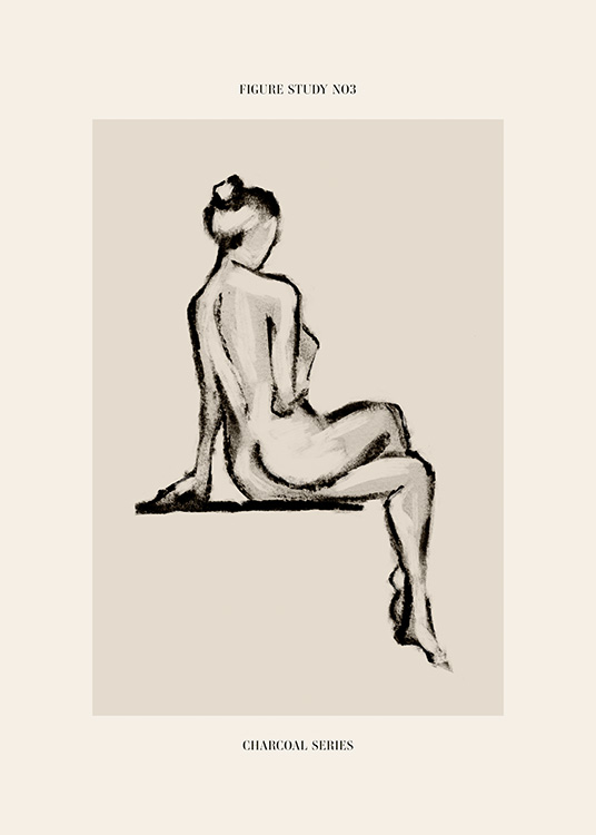  – Skica nahé ženy s nohou přes nohu uhlem v šedé barvě na béžovém pozadí