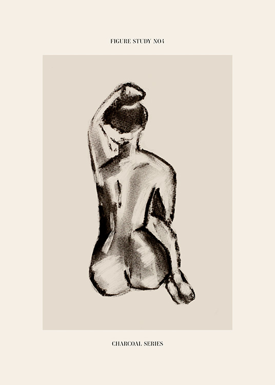  – Skica nahé ženy s koleny přitaženými k hrudníku uhlem v šedé barvě