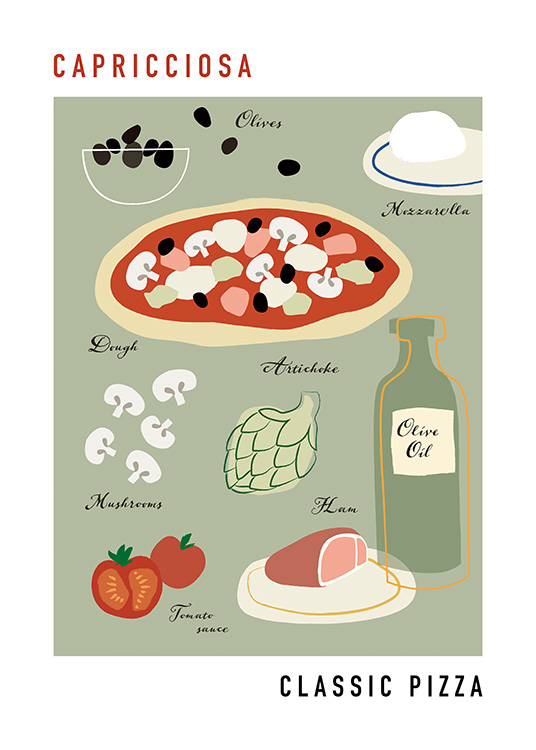  – Grafická ilustrace ingrediencí na přípravu pizzy capricciosa na šedozeleném pozadí