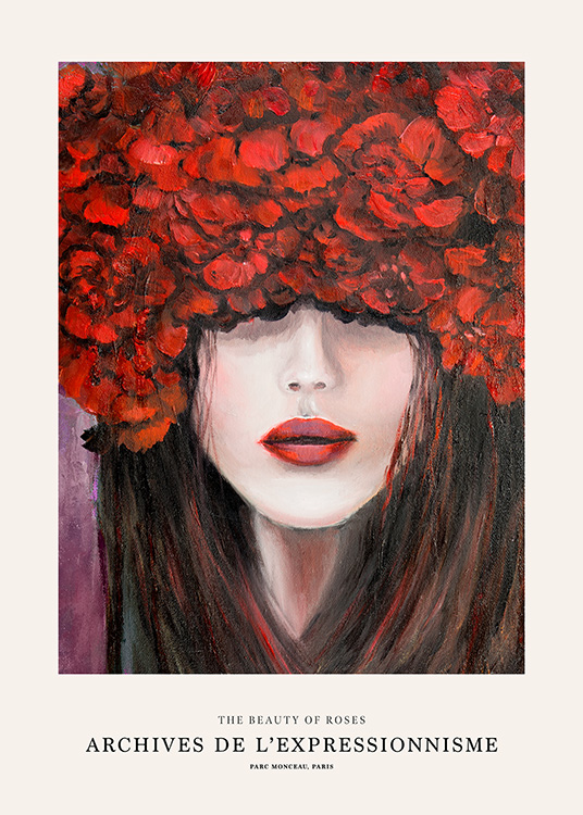 - Umělecký plakát s motivem ženy s hnědými vlasy, červenou rtěnkou a růžemi překrývajícími její oči
