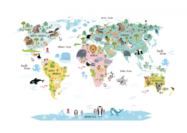  – Mapa světa s ilustrovanými kontinenty a zvířaty