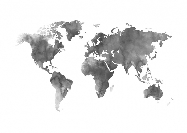  – Akvarelová malba s motivem šedé mapy světa na bílém pozadí