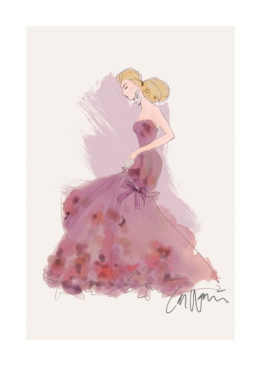  – Ilustrace ženy v dlouhých fialových šatech s růžovými detaily
